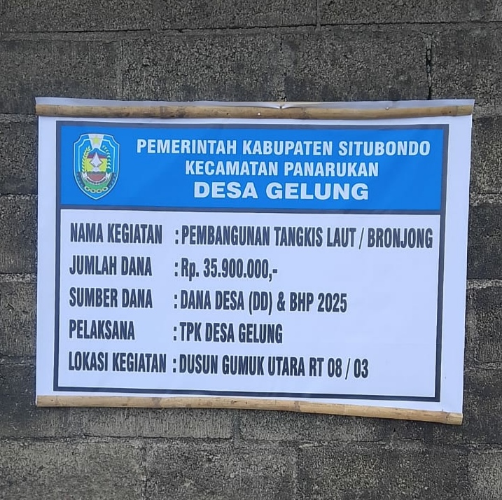 Papan Informasi Proyek Bronjong Diperbaiki, Pemdes Gelung Tegaskan Anggaran Rp35,9 Juta dan Klarifikasi Isu Batu Bekas
