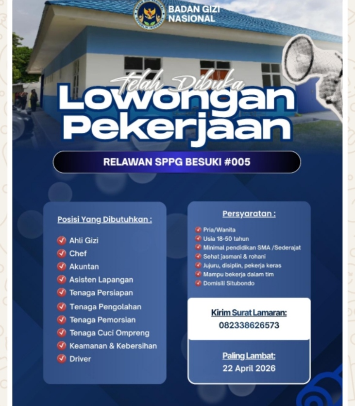 Peluang Emas!! SPPG Besuki 005 Situbondo Buka Retkrutmen Relawan, Prioritas Warga Sekitar +++++