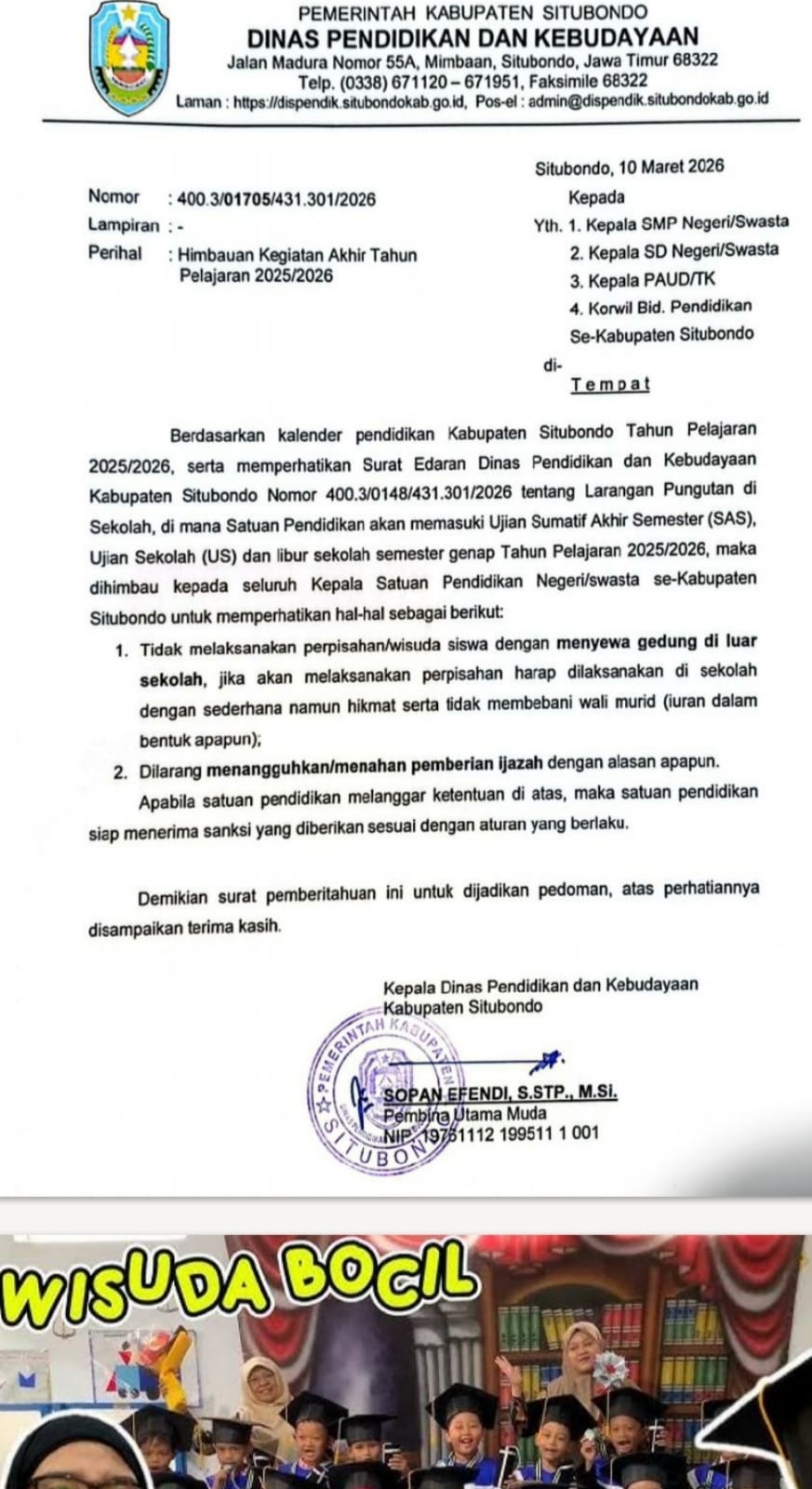 Peringatan Keras! Dispendikbud Situbondo Larang Wisuda Mewah dan Pungutan iuran Perpisahan 💫💫💫